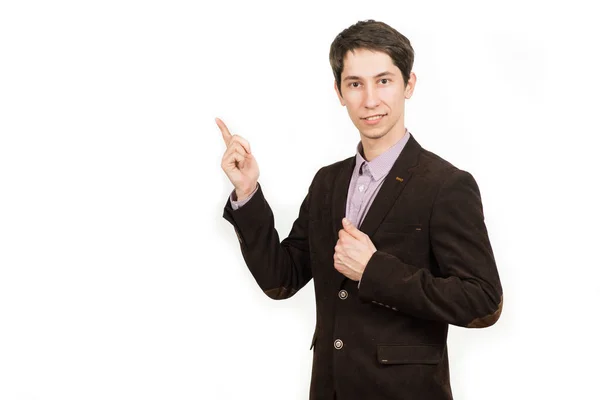 Feliz hombre de negocios señalando su dedo hacia arriba en el traje marrón —  Fotos de Stock