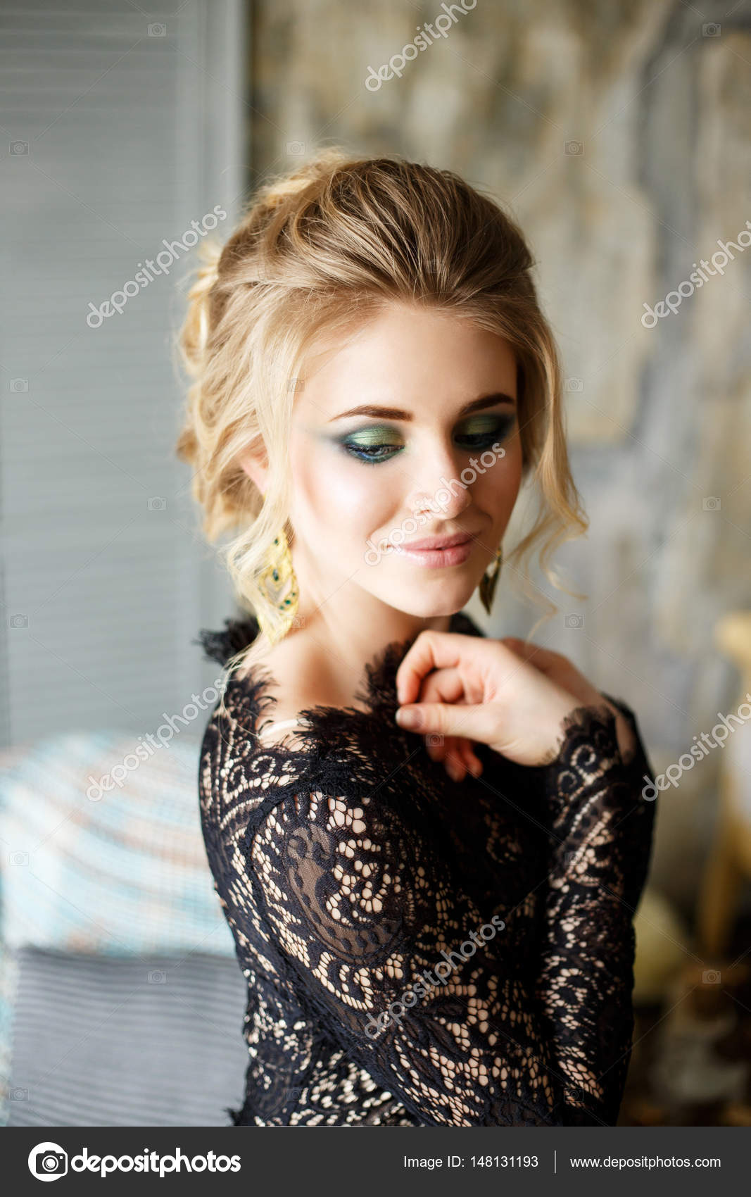 Beautiful Sensual Girl With Blond Hair In Black Lace Lingerie