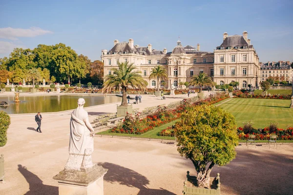 Luxemburgo Jardines Con Flores Amarillas Hierba Verde Esculturas Sillas Famoso — Foto de Stock