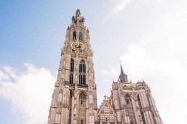 Antwerp, Belçika 'daki Meryem Ana Katedrali (Onze-Lieve-Vrouwekathedraal) açık mavi gökyüzü altında sonbaharda güneşli güzel bir günde