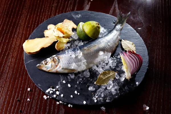 Herring Entirely Ginger Onions Lime Tray Slate Stone Top View — Stock Photo, Image