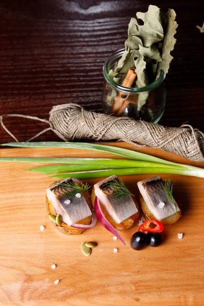 Delicious Salted Herring Herbs Pepper Cut Large Pieces Rustic Style — Stock Photo, Image