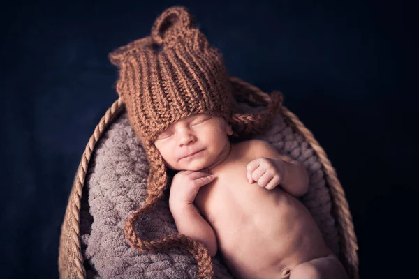 一个头戴针织帽子 睡在毯子上的新生男孩躺在篮子里 顶部视图 — 图库照片