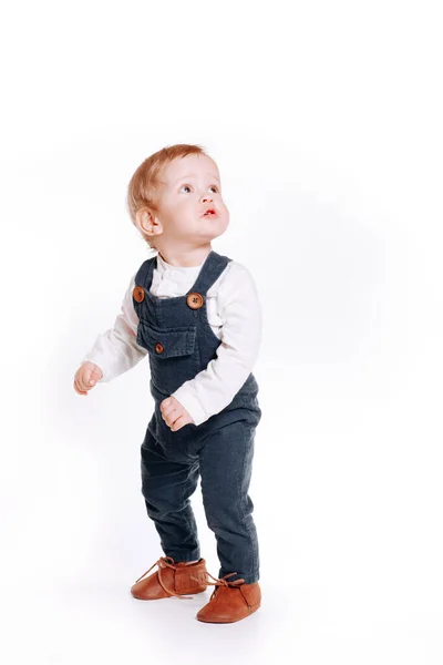 One Year Old Boy Green Jumpsuit White Background — Stock Photo, Image