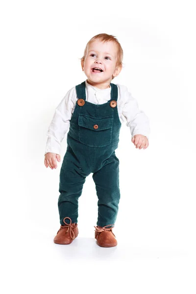 Cute One Year Old Child Stands White Studio Boy Has — Stock Photo, Image