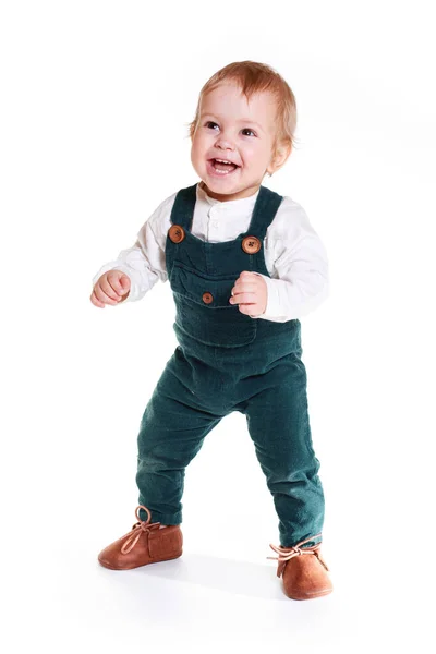 Cute One Year Old Child Stands White Studio Boy Has — Stock Photo, Image