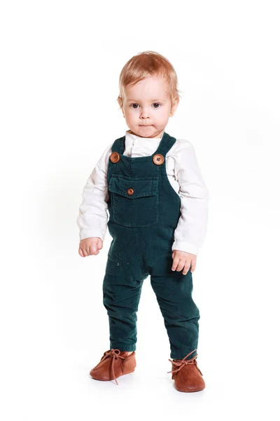 One Year Old Boy Green Jumpsuit White Background Stock Image