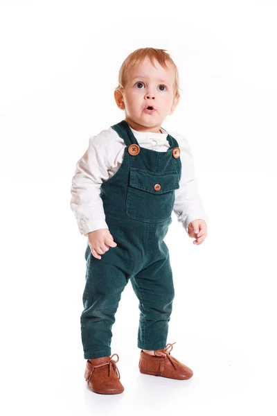 Cute One Year Old Child Stands White Studio Boy Has Royalty Free Stock Photos