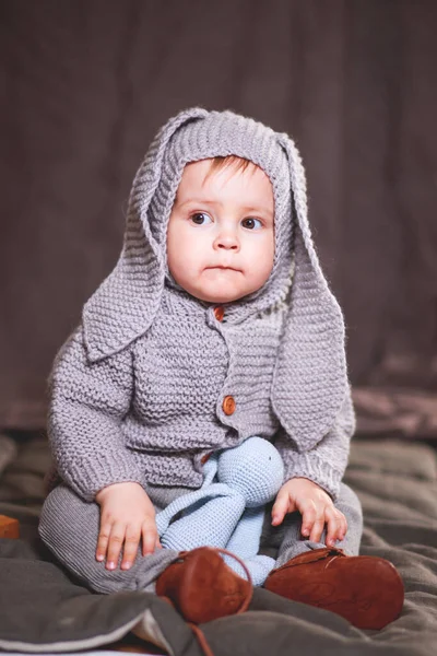 Close Portrait One Year Old Boy Sweatshirt Toy Rabbit Ears — Stock Photo, Image