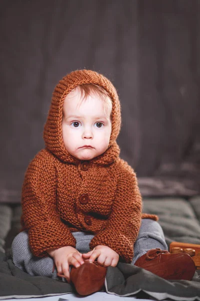 Happy One Year Old European Boy Poses Knitted Sweater — Stock Photo, Image