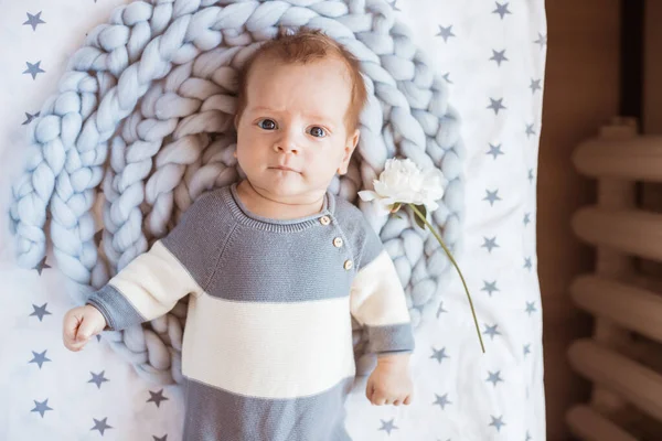 Pequeño Caballero Está Acostado Cama Con Una Flor Mano Regalo —  Fotos de Stock