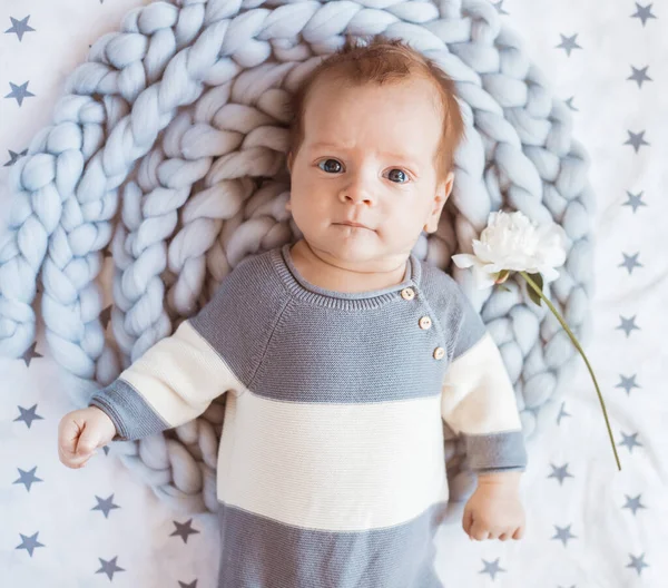 Little Gentleman Lying Bed Flower His Hand Gift His Mother — Stock Photo, Image