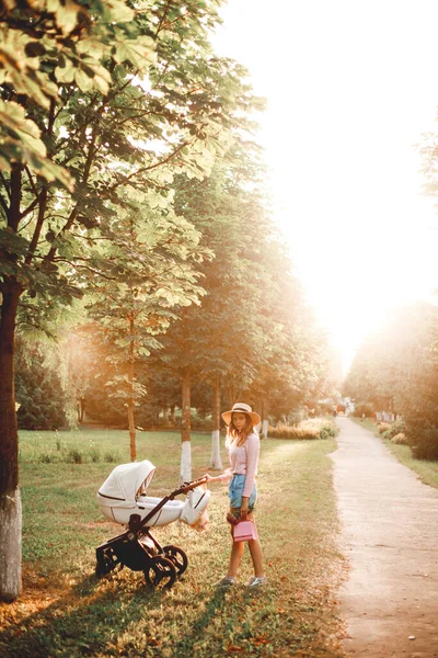 Bir Kadın Gün Batımında Parktaki Yolda Bebek Arabasıyla Yürüyor Bebek — Stok fotoğraf