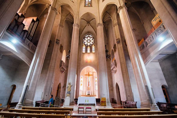 Eglise Tibidabo Sur Montagne Barcelone Avec Statue Christ Surplombant Ville — Photo