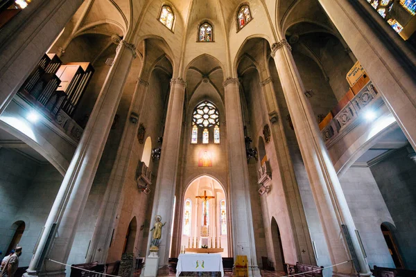 Iglesia Del Tibidabo Montaña Barcelona Con Estatua Cristo Que Domina — Foto de Stock