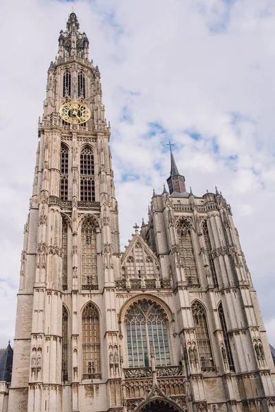 Antwerp, Belçika 'nın güzel katedrali. Leydimiz Onze-Lieve-Vrouwekathedraal Belçika' nın güzel katedrali. Mavi gökyüzü olan bir yaz gününde.