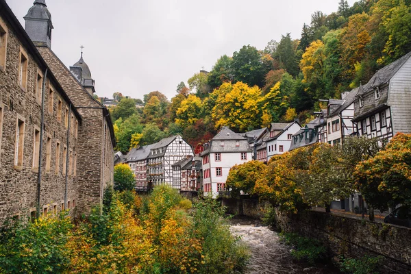 Monschau, Germany beautiful historic houses in a picturesque town on a cloudy day