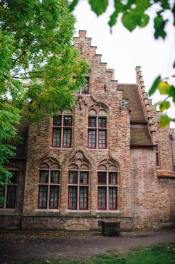 Boniface köprüsü Bonifaciusbrug 'un yanındaki kanalda duran muhteşem ortaçağ evleri. Sarmaşık kaplı duvarlar ve suya erişimi olan bir avlu.