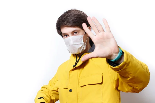 Powstrzymaj Infekcję Zdrowy Człowiek Zatrzymuje Gesty Zdjęcie Człowieka Nosić Maskę — Zdjęcie stockowe