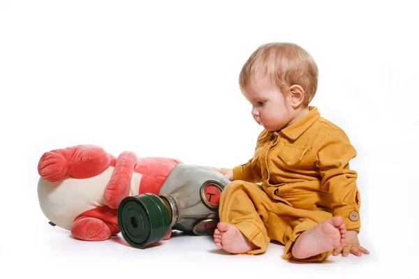 Small Boy Yellow Suit Gas Mask Isolated White Background — Stock Photo, Image