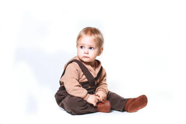 Fashionable Portrait Charming One Year Old Little Boy White Background — Stock Photo, Image