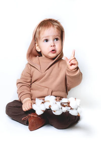 Fashionable Portrait Charming One Year Old Little Boy White Background — Stock Photo, Image