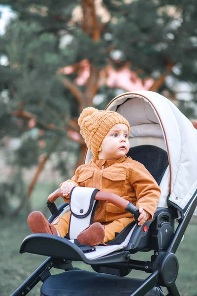 Söt Liten Vacker Gammal Pojke Sitter Barnvagn Och Väntar Sin — Stockfoto