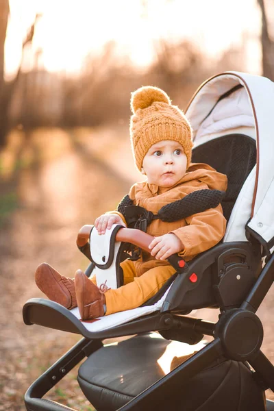 Baby Pojke Varm Jacka Och Hatt Sitter Modern Barnvagn Promenad — Stockfoto