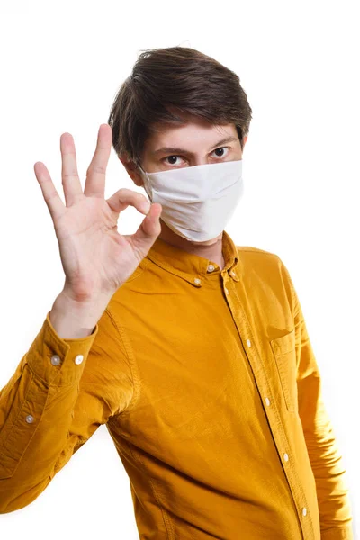 Stop Infection Healthy Man Shows Gesture Photo Man Wearing Protective — Stock Photo, Image