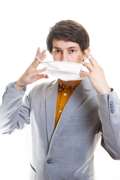 Coronavirusvirus 2020 Influensa Epidemi Man Bär Skyddande Mask Vit Bakgrund — Stockfoto