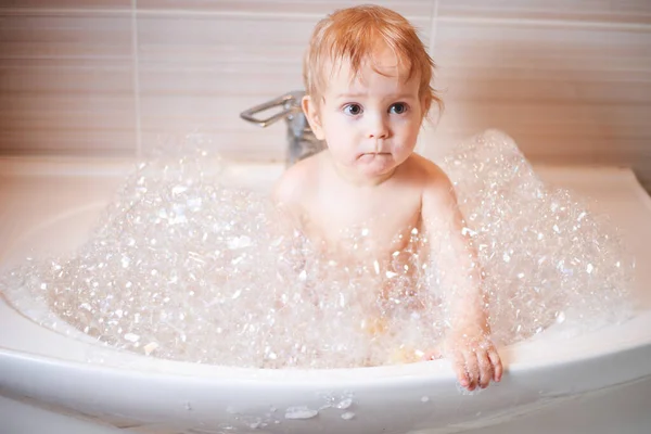 Funny Child Playing Water Foam Bathroom Little Boy Bathes — Stock Photo, Image