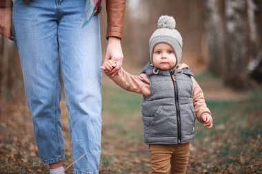 genç annenin bebeği ile oynuyor. Anne ve oğlu bir parkta yürüyüş