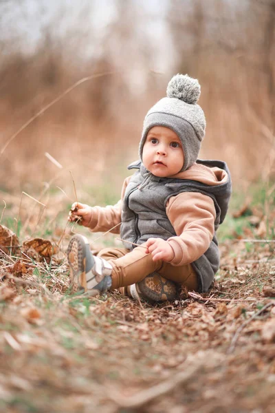 a small boy is sitting on a forest path in a gray jelly and looks curiously at the camera