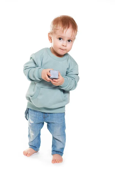 Fashionable Portrait Charming Baby Boy Mint Sweatshirt White Background — Stock Photo, Image