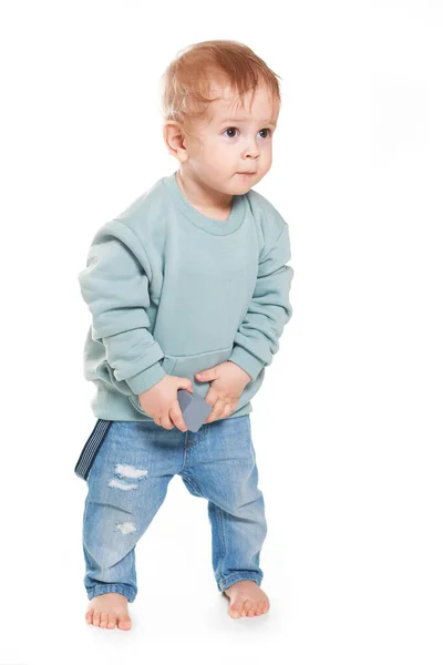 Fashionable Portrait Charming Baby Boy Mint Sweatshirt White Background — Stock Photo, Image