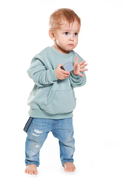 Fashionable Portrait Charming Baby Boy Mint Sweatshirt White Background — Stock Photo, Image