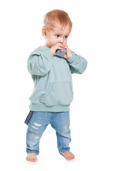 Fashionable Portrait Charming Baby Boy Mint Sweatshirt White Background — Stock Photo, Image