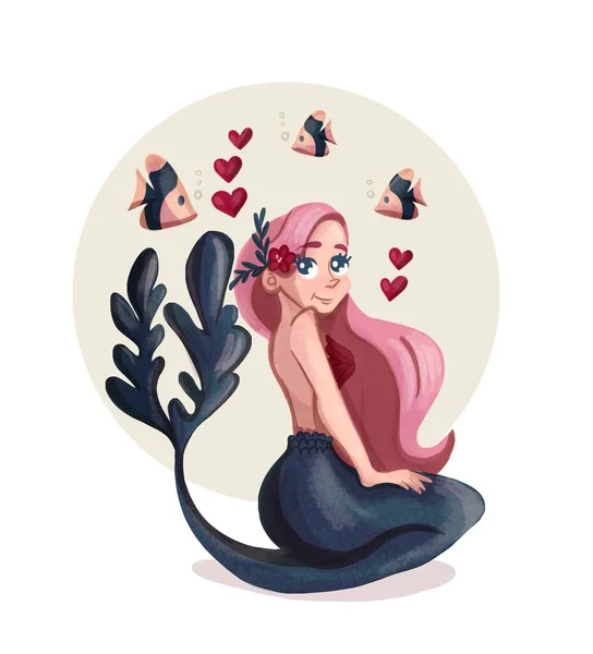 Desenhos Animados Bela Sereia Com Ramo Cabeça Com Cabelo Rosa — Fotografia de Stock