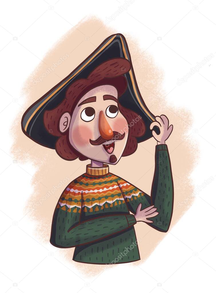 Emperor Peter 1 in a sweater and cocked hat. Children's illustration on a beige background