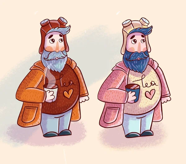 Men Blue Blue Beards Relax While Drinking Hot Tea Illustrations — Stock Photo, Image