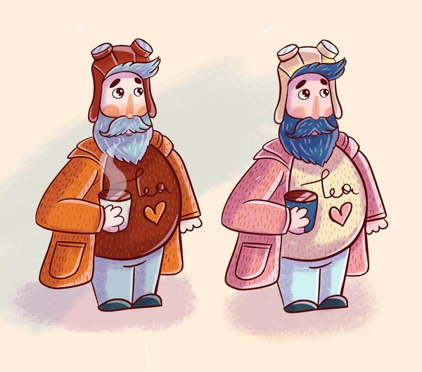 Men with blue and blue beards relax while drinking hot tea, illustrations,