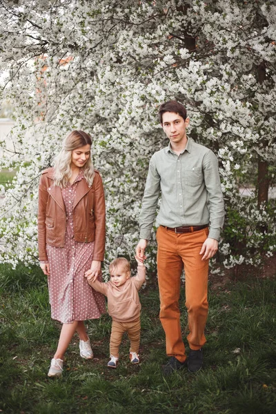 Güzel Genç Ebeveynler Onların Küçük Tatlı Oğulları Çiçek Açan Ağaçların — Stok fotoğraf