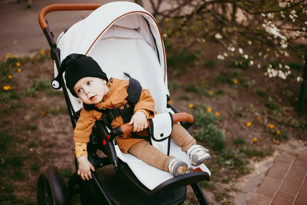 Ett Barn Beige Jacka Barnvagn Promenad Vårparken — Stockfoto