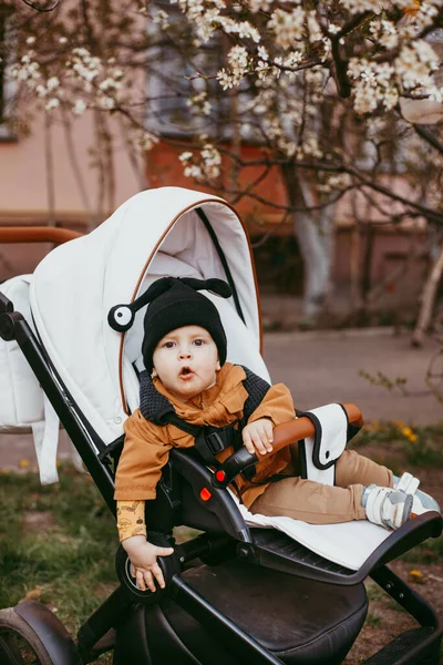 Ett Barn Beige Jacka Barnvagn Promenad Vårparken — Stockfoto