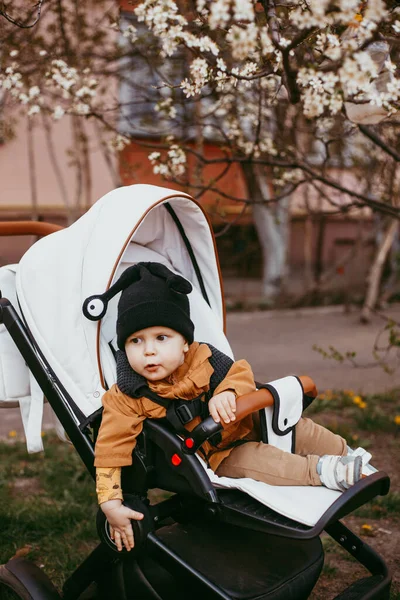 Ett Barn Beige Jacka Barnvagn Promenad Vårparken — Stockfoto