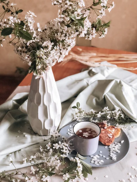 Frühling Gesund Frühstück Gebratene Käsekuchen Gegen Einen Blühenden Strauß Weißer — Stockfoto