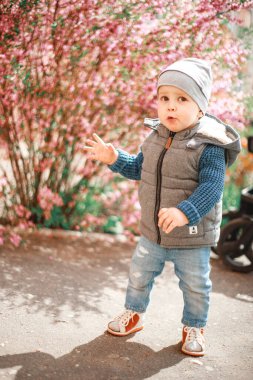 Kot giymiş bir çocuk İlkbaharda çiçekli bir çalılığın yanında duruyor