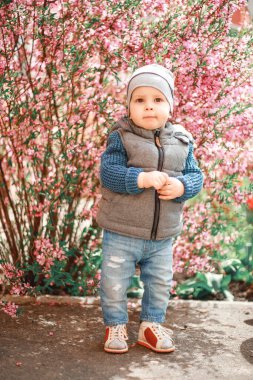Kot giymiş bir çocuk İlkbaharda çiçekli bir çalılığın yanında duruyor