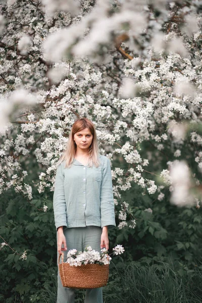 Menina Com Uma Cesta Flores Florescendo Árvores Maçã Primavera — Fotografia de Stock