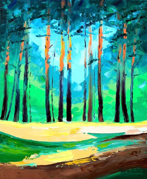 Original oil painting pine forest